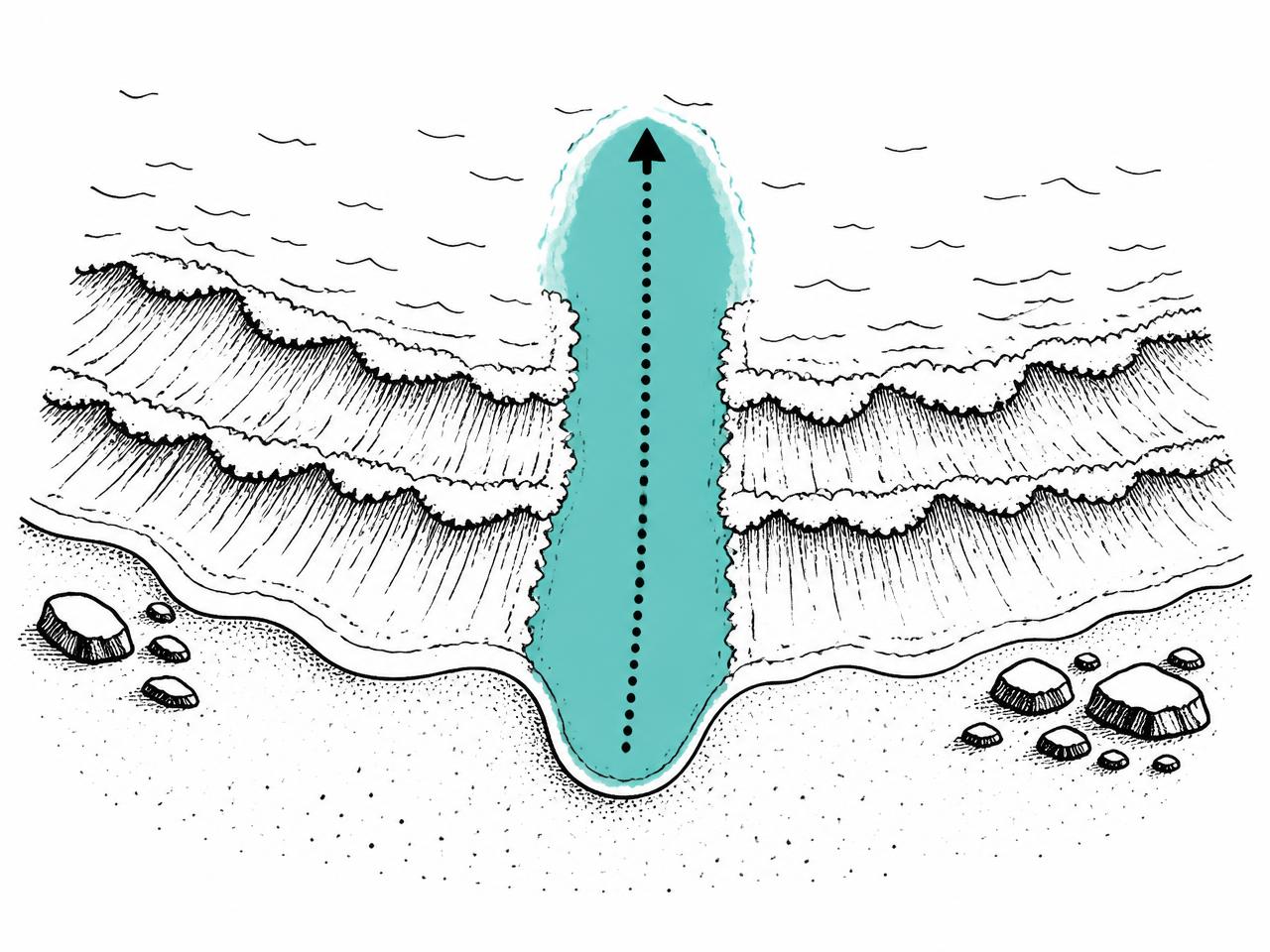 Top-down view: breaking peaks on each side, a calm channel in the middle to paddle out through.
