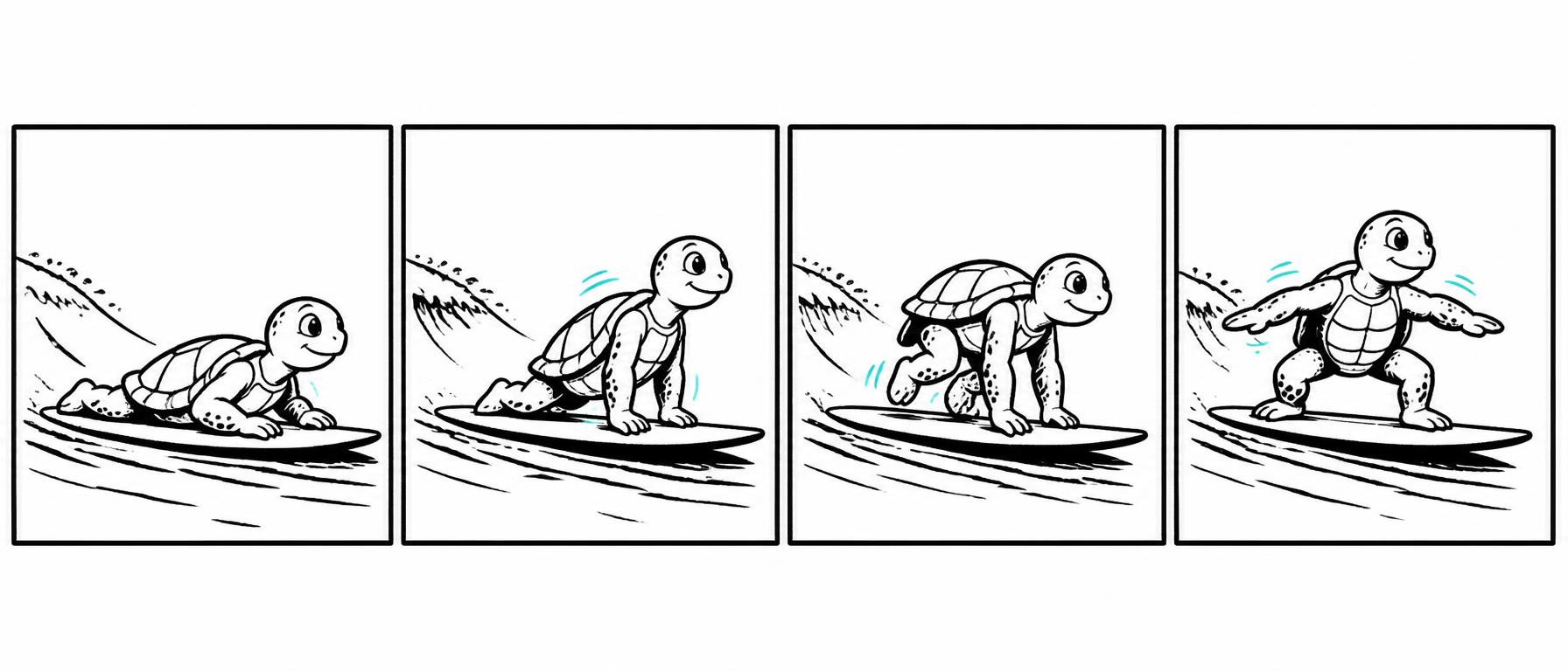 The pop-up in four frames: paddle position, hands plant, feet hop through, low stance.