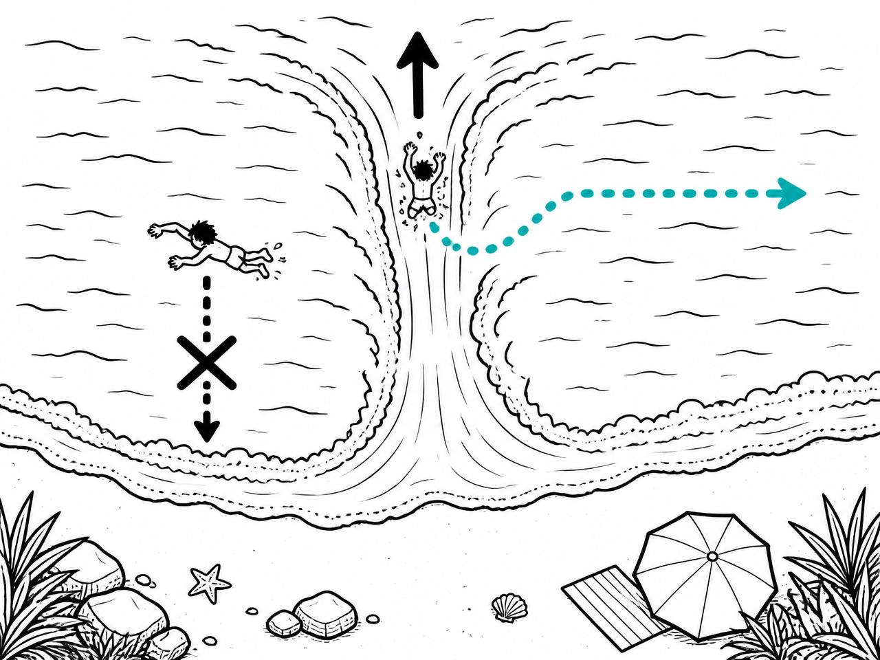 Escaping a rip: swim parallel to the beach, not against the current.