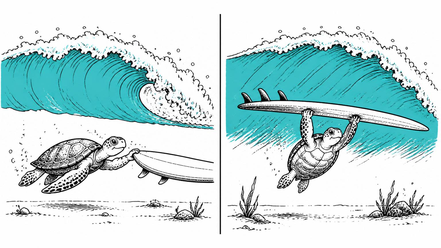 Two ways past a wave: duck-dive for short boards, turtle-roll for long boards and foamies.