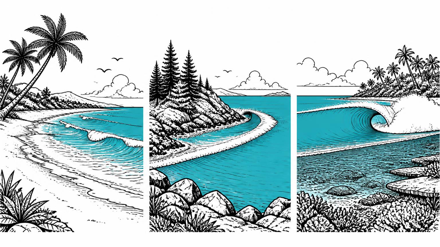 Three coastlines, three kinds of wave: beach, point, reef.