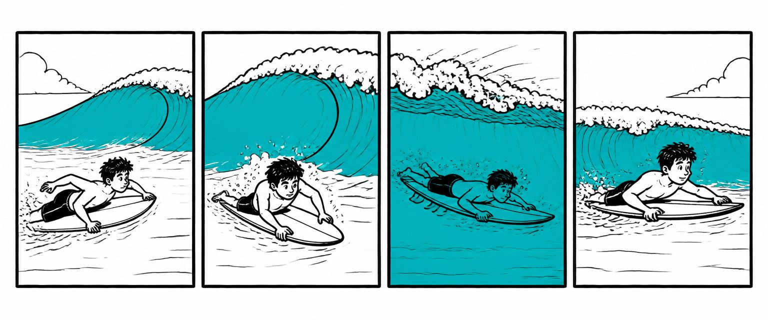 The duck dive in four frames: approach, sink the nose, push the tail under, surface.
